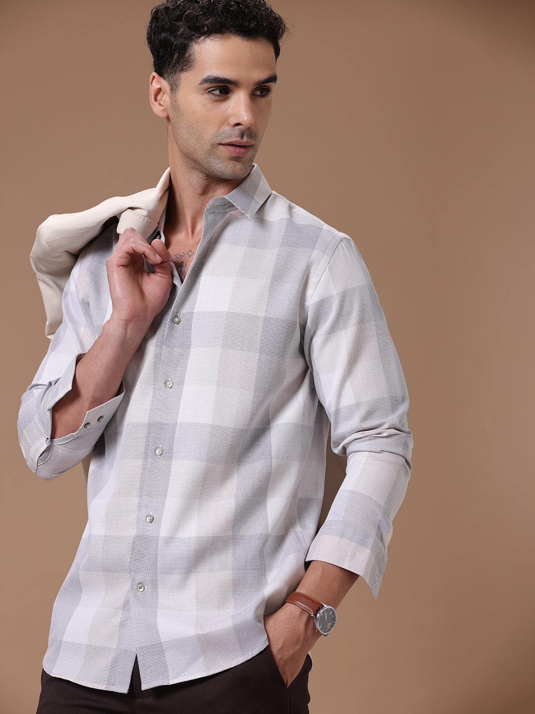 Slim Fit Check Sea Fog Smart Casual Supima Cotton Shirt (BRANT)