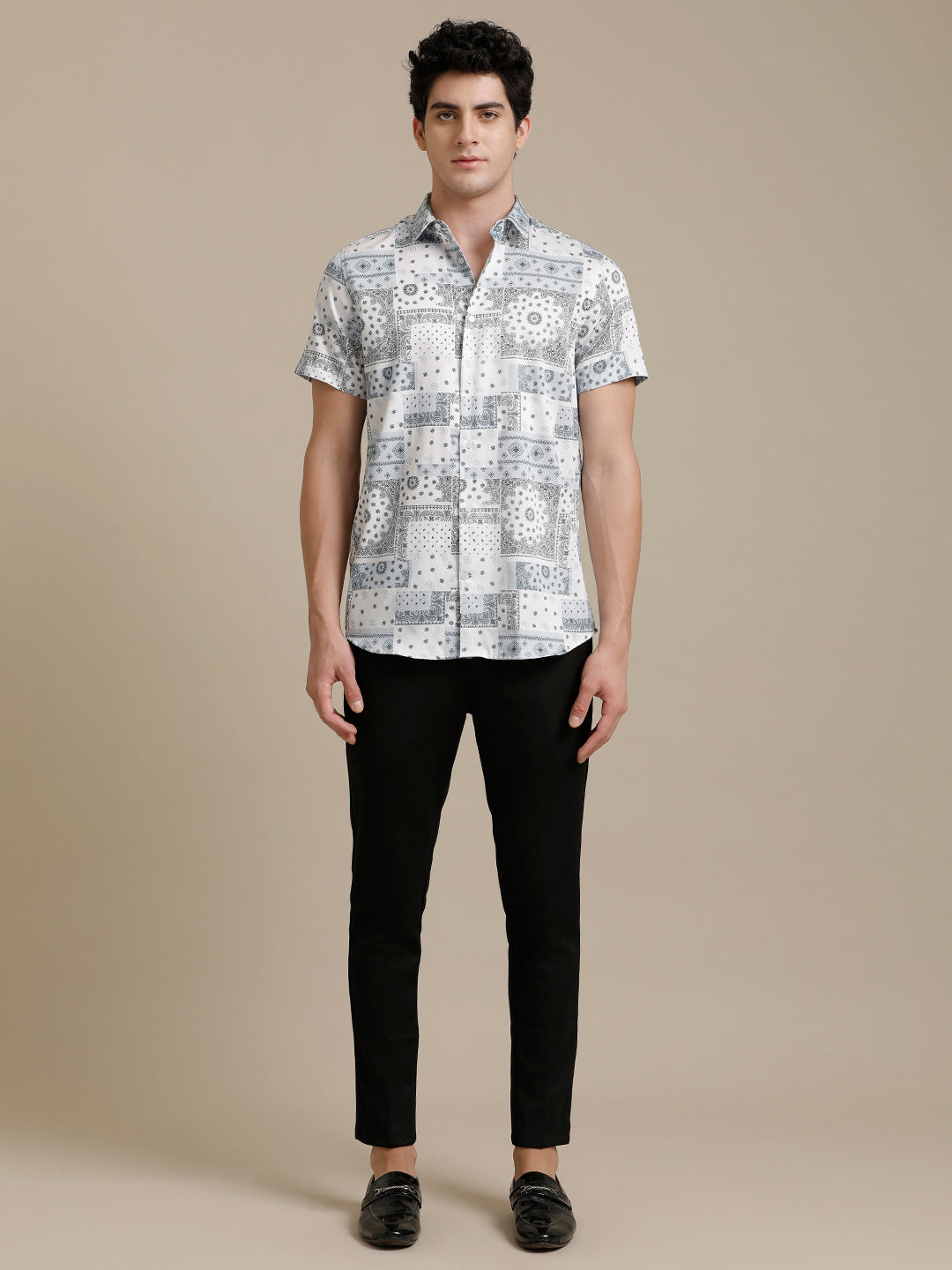 Lt. Blue White Block Print Short Sleeve Shirt