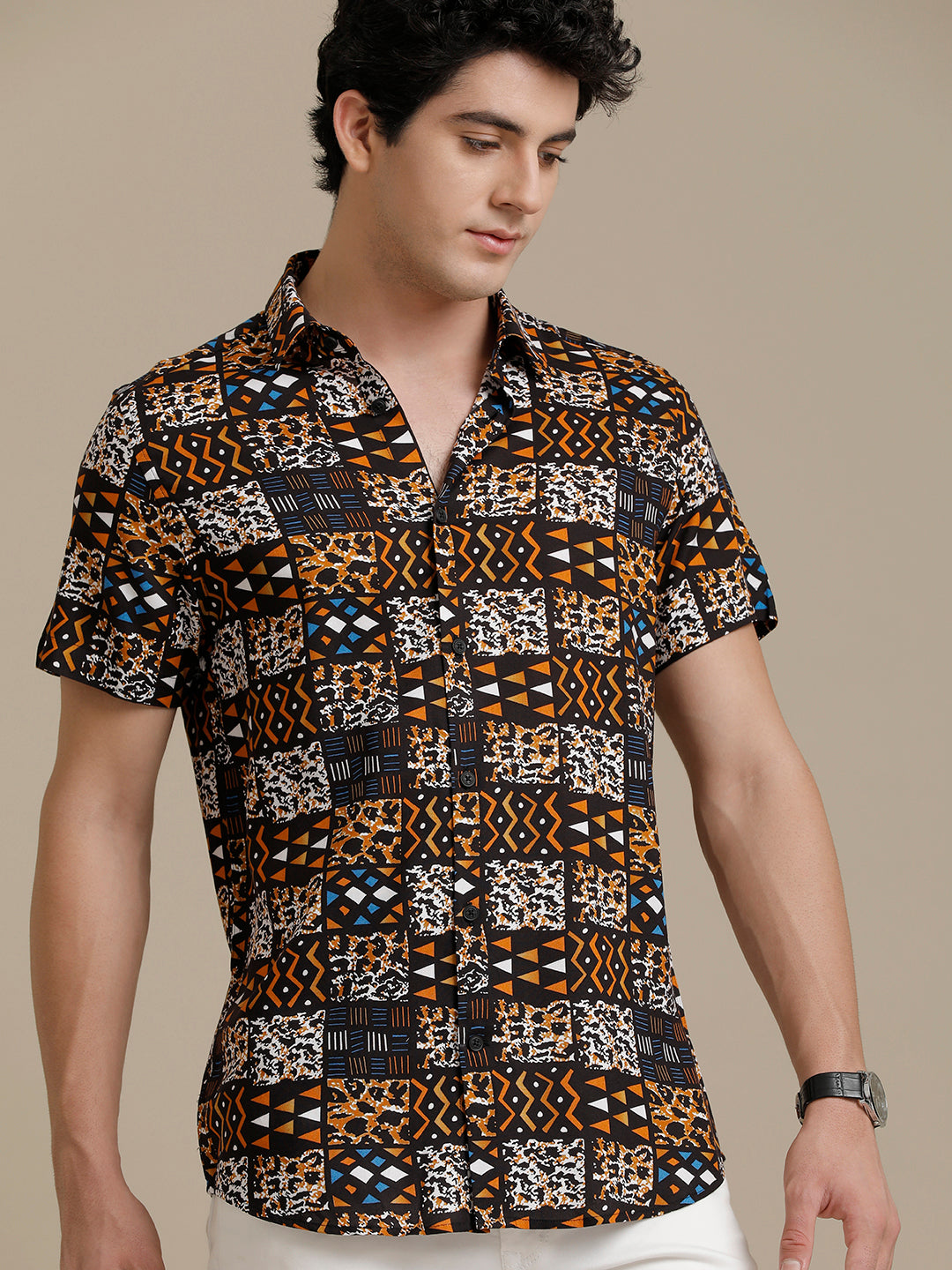 Brown Printed Checks Short Sleeve Shirt