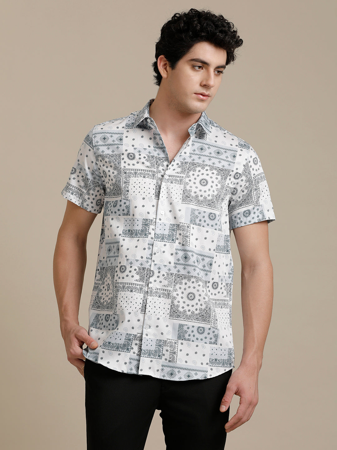 Lt. Blue White Block Print Short Sleeve Shirt