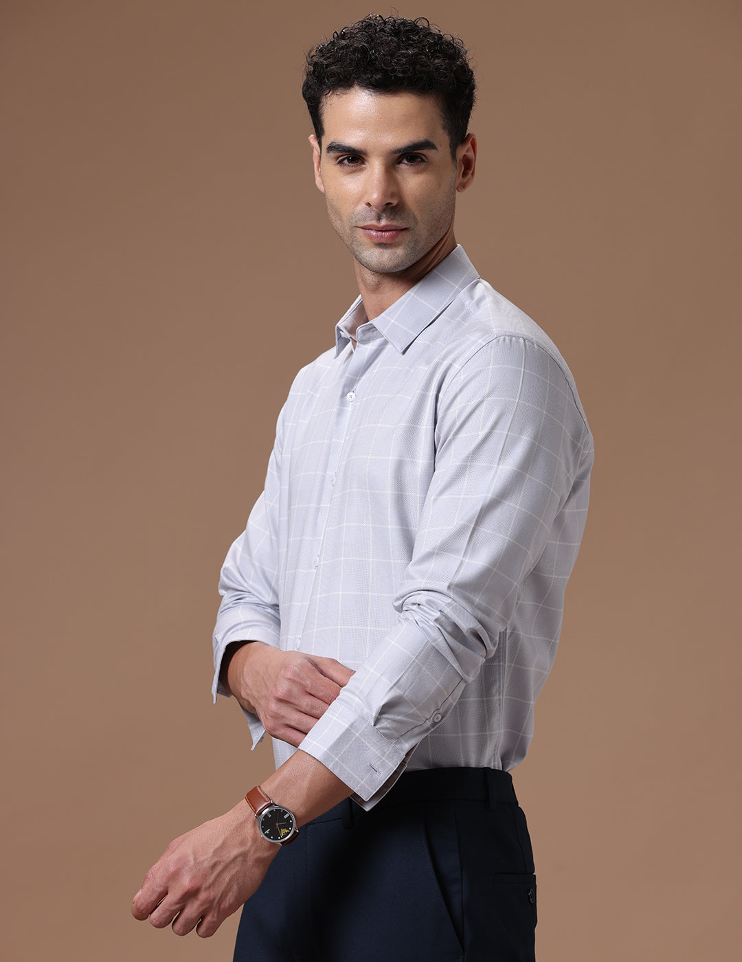 Slim Fit Check Light Ash Smart Casual Supima Cotton Shirt (MOYE)