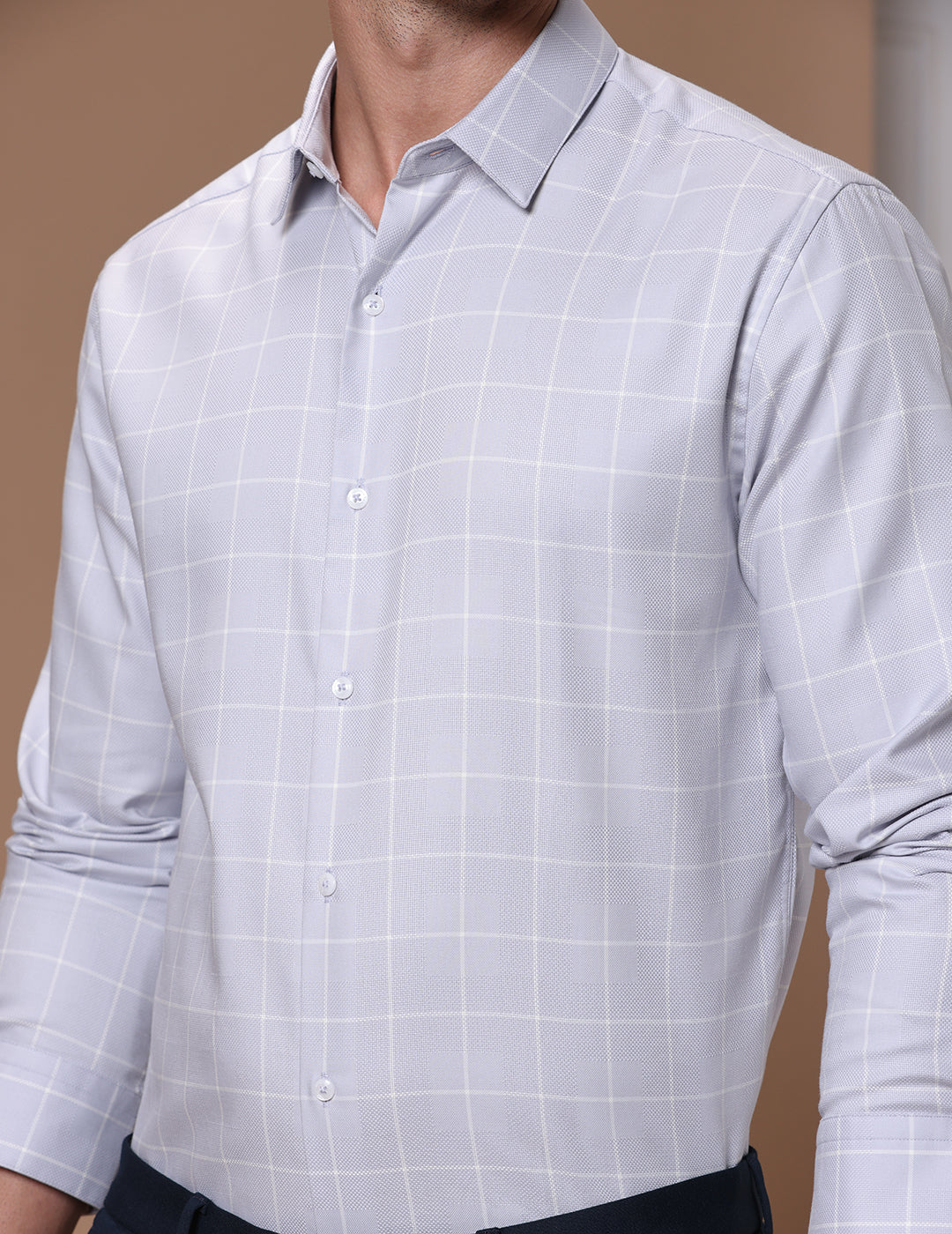 Slim Fit Check Light Ash Smart Casual Supima Cotton Shirt (MOYE)