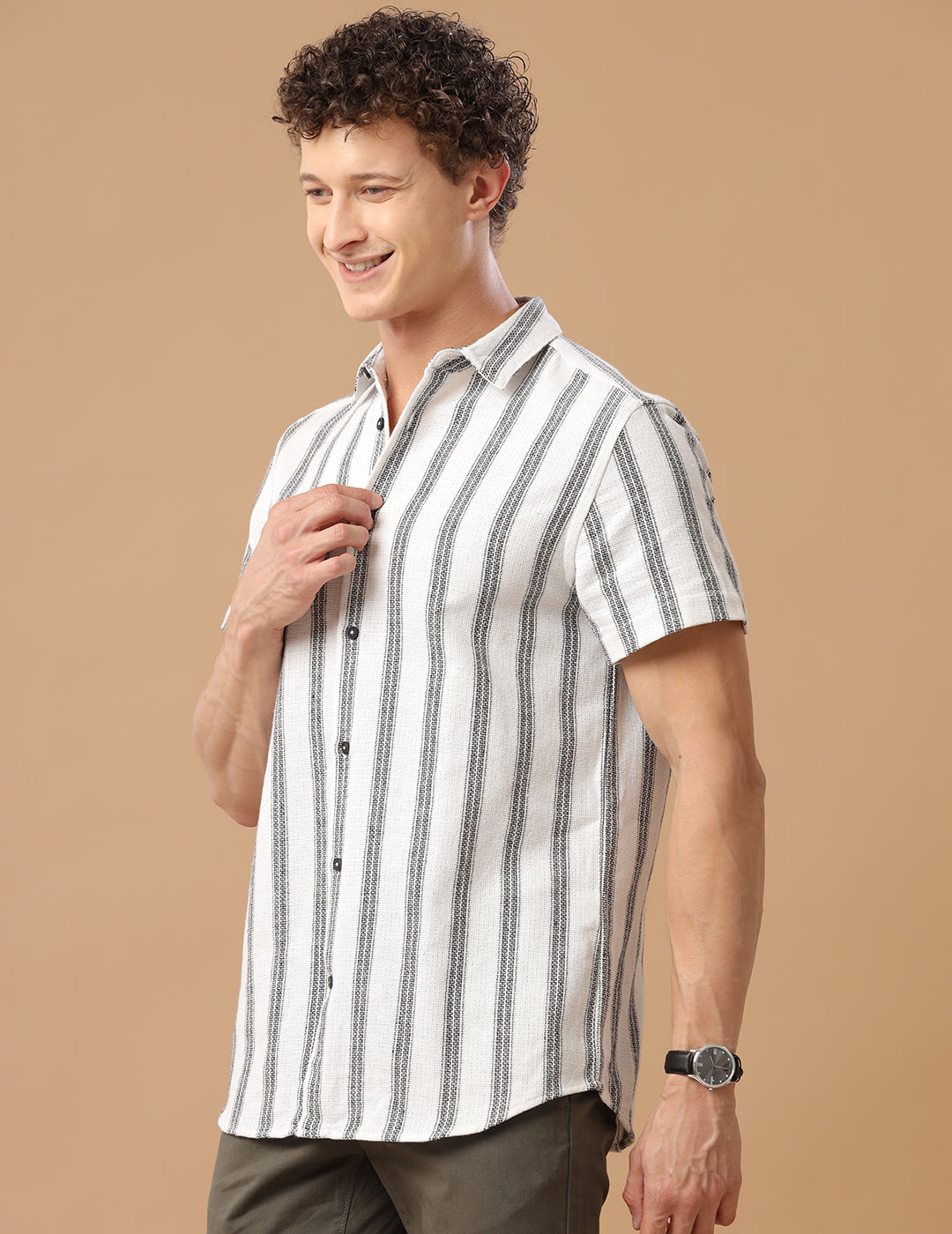 Comfort fit Cotton Green wide Stripe Casual Half sleeve Shirt (NUE)