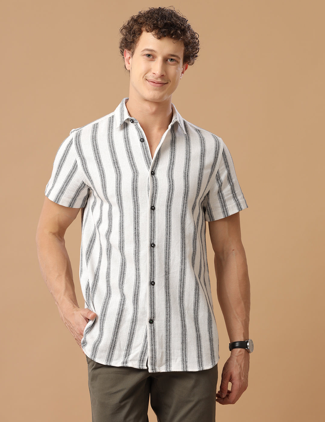 Comfort fit Cotton Green wide Stripe Casual Half sleeve Shirt (NUE)
