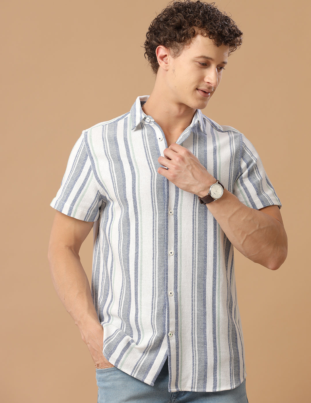Comfort fit Cotton Blue muti stripe Casual Half sleeve Shirt (REE)