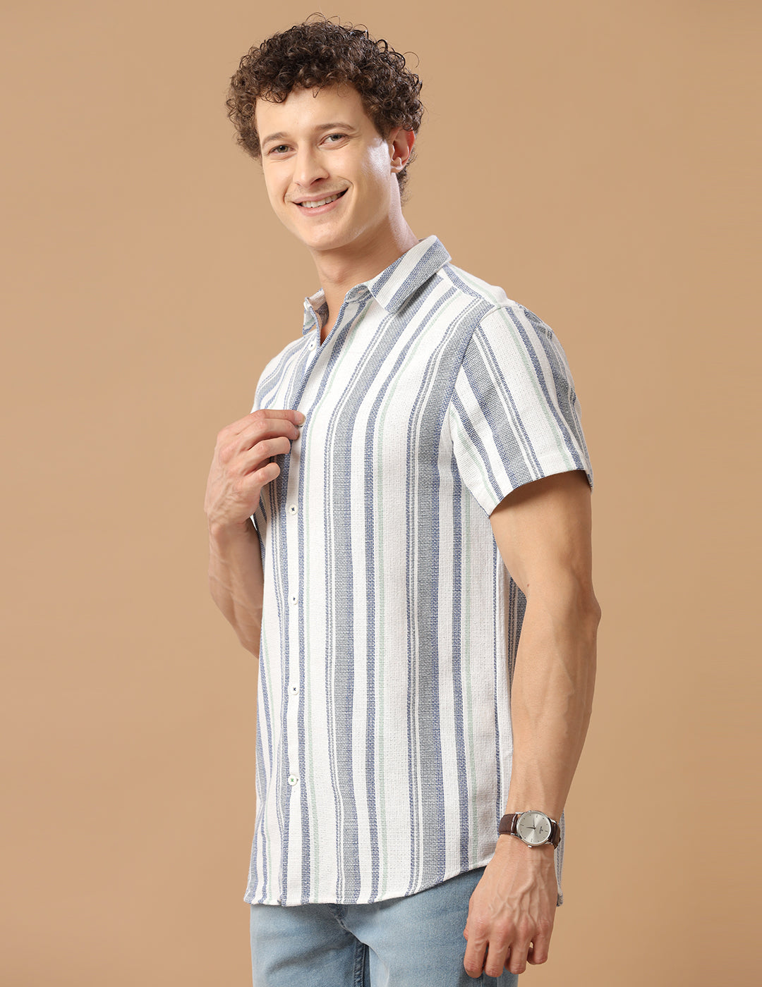 Comfort fit Cotton Blue muti stripe Casual Half sleeve Shirt (REE)