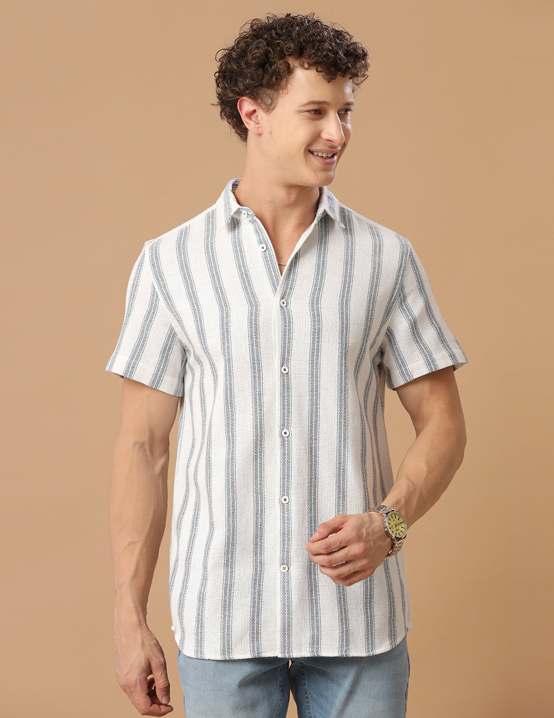 Comfort fit Cotton Stripe Aqua wide Casual Half sleeve Shirt (EDI)
