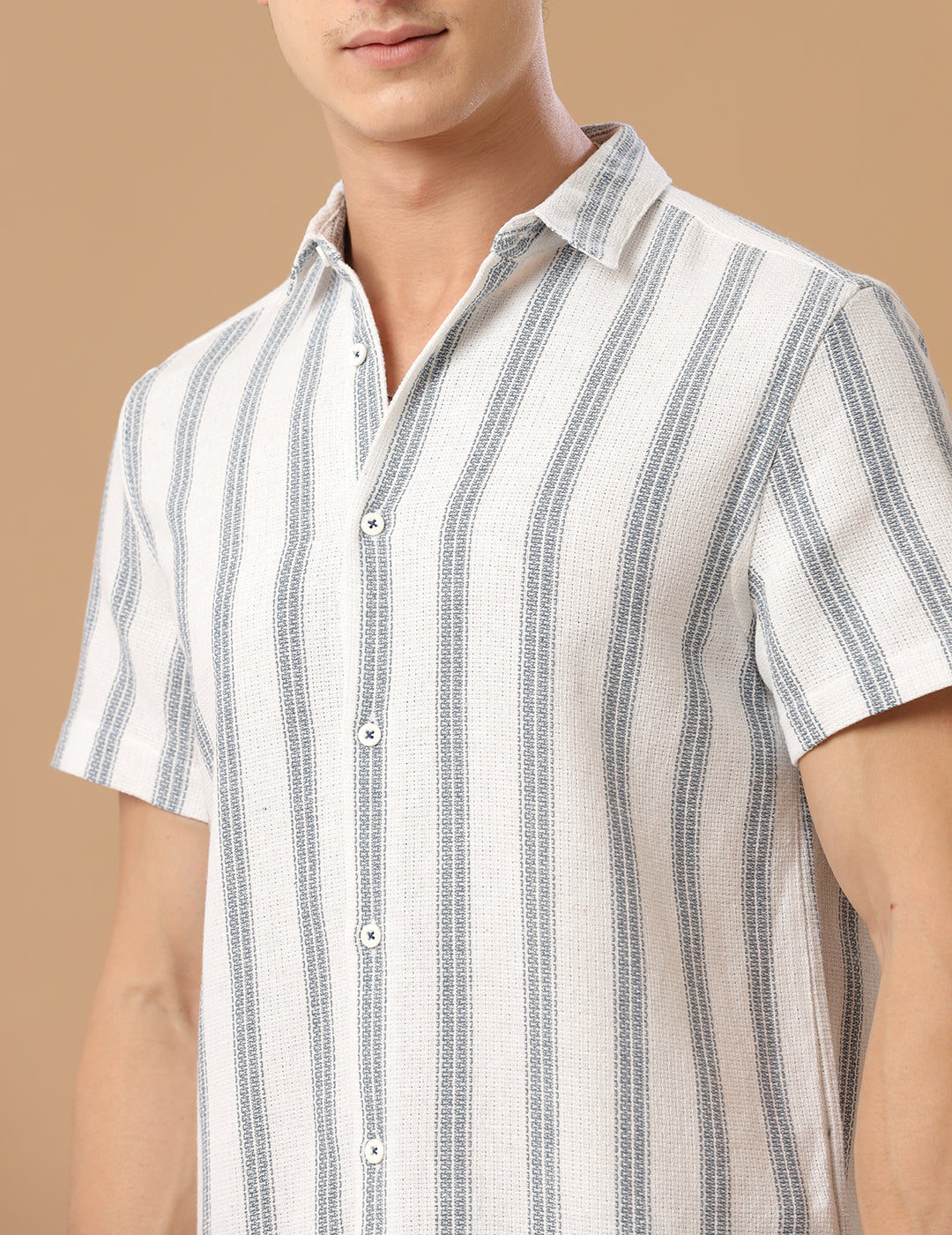 Comfort fit Cotton Stripe Aqua wide Casual Half sleeve Shirt (EDI)