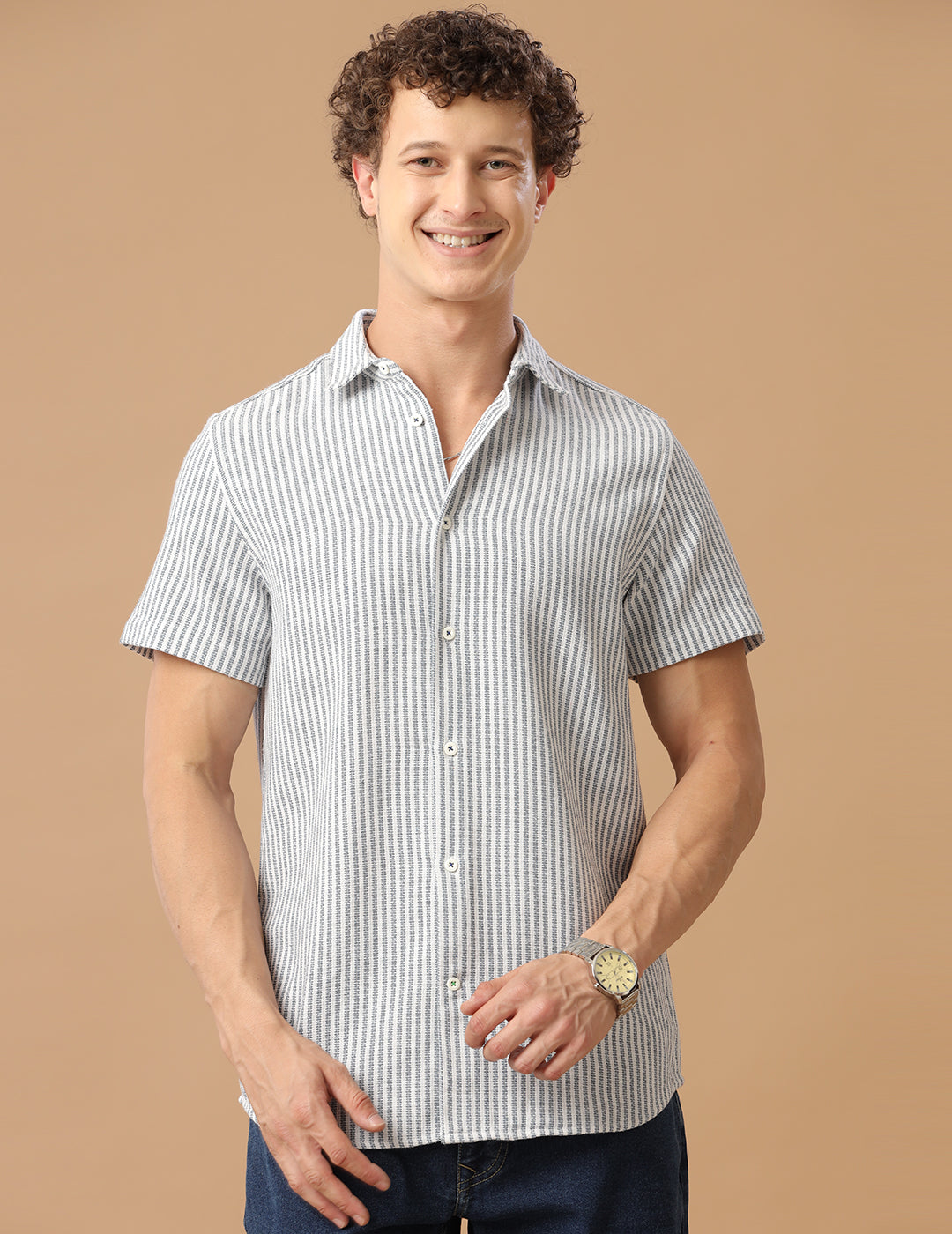 Comfort fit Cotton Stripe Aqua Casual Half sleeve Shirt (CHE)