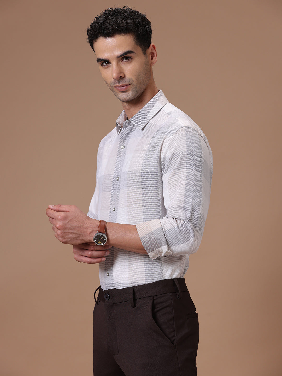 Slim Fit Check Sea Fog Smart Casual Supima Cotton Shirt (BRANT)