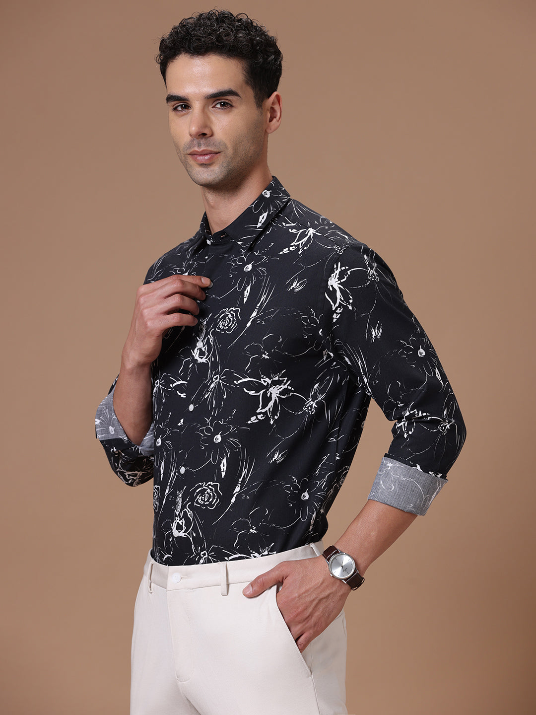 Comfort fit Cotton Viscose Printed Black Smart casual Full sleeve Shirt (HOZHO)