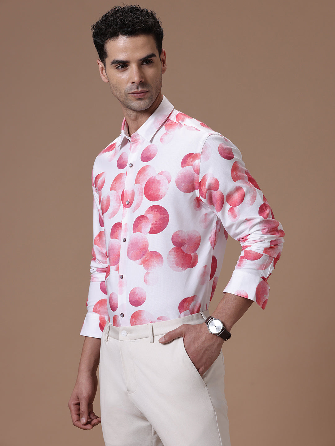 Comfort fit Cotton Viscose Printed Pink Smart casual Full sleeve Shirt (TANGO)