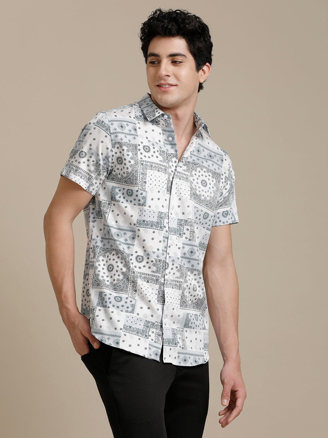 Lt. Blue White Block Print Short Sleeve Shirt