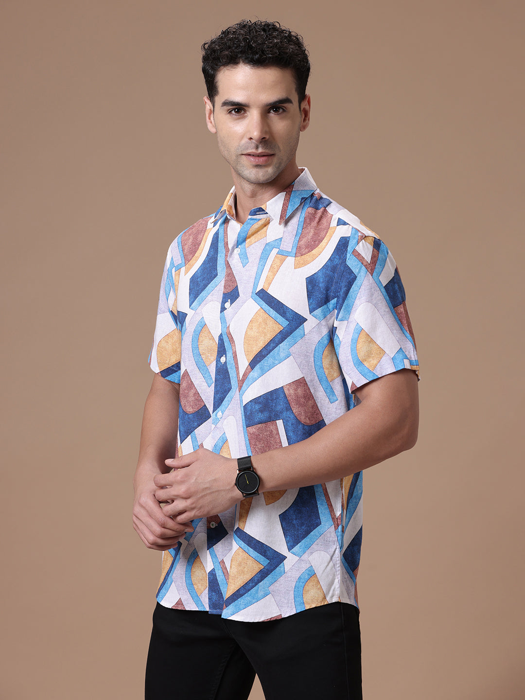 Comfort fit Printed Multi Smart casual Tencel Linen Half sleeve Shirt (TYRONE)