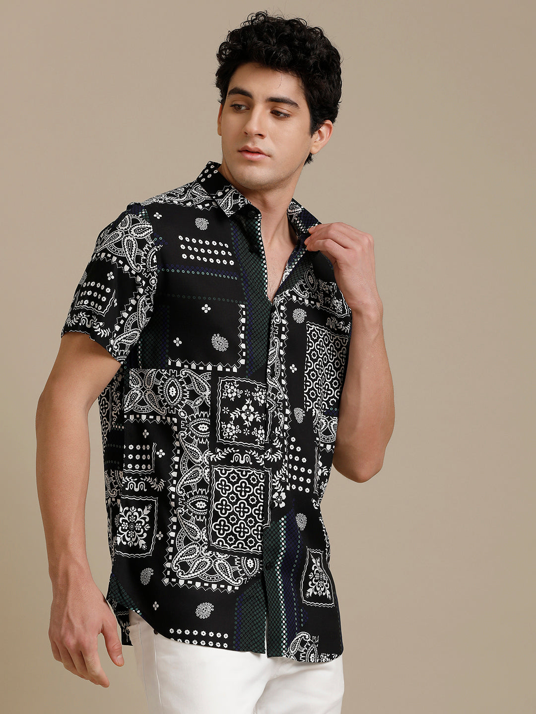 White On Black Print Short Sleeve Shirt