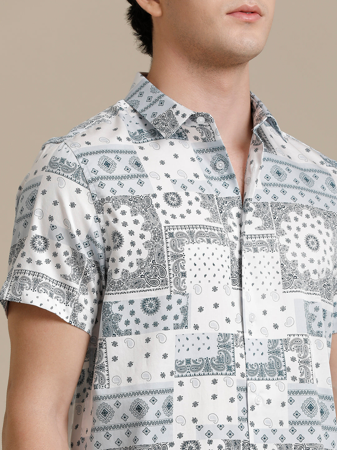 Lt. Blue White Block Print Short Sleeve Shirt