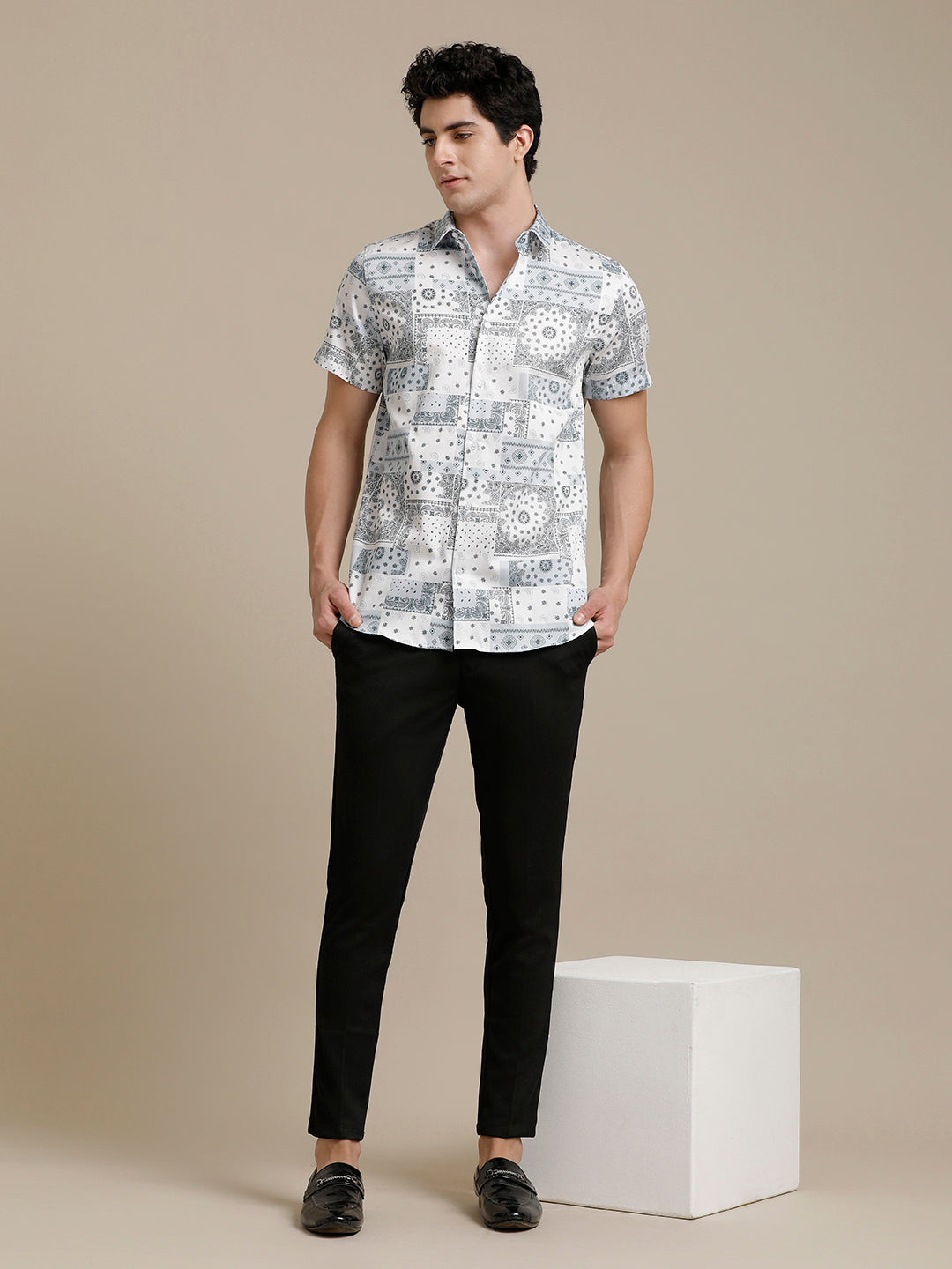 Lt. Blue White Block Print Short Sleeve Shirt