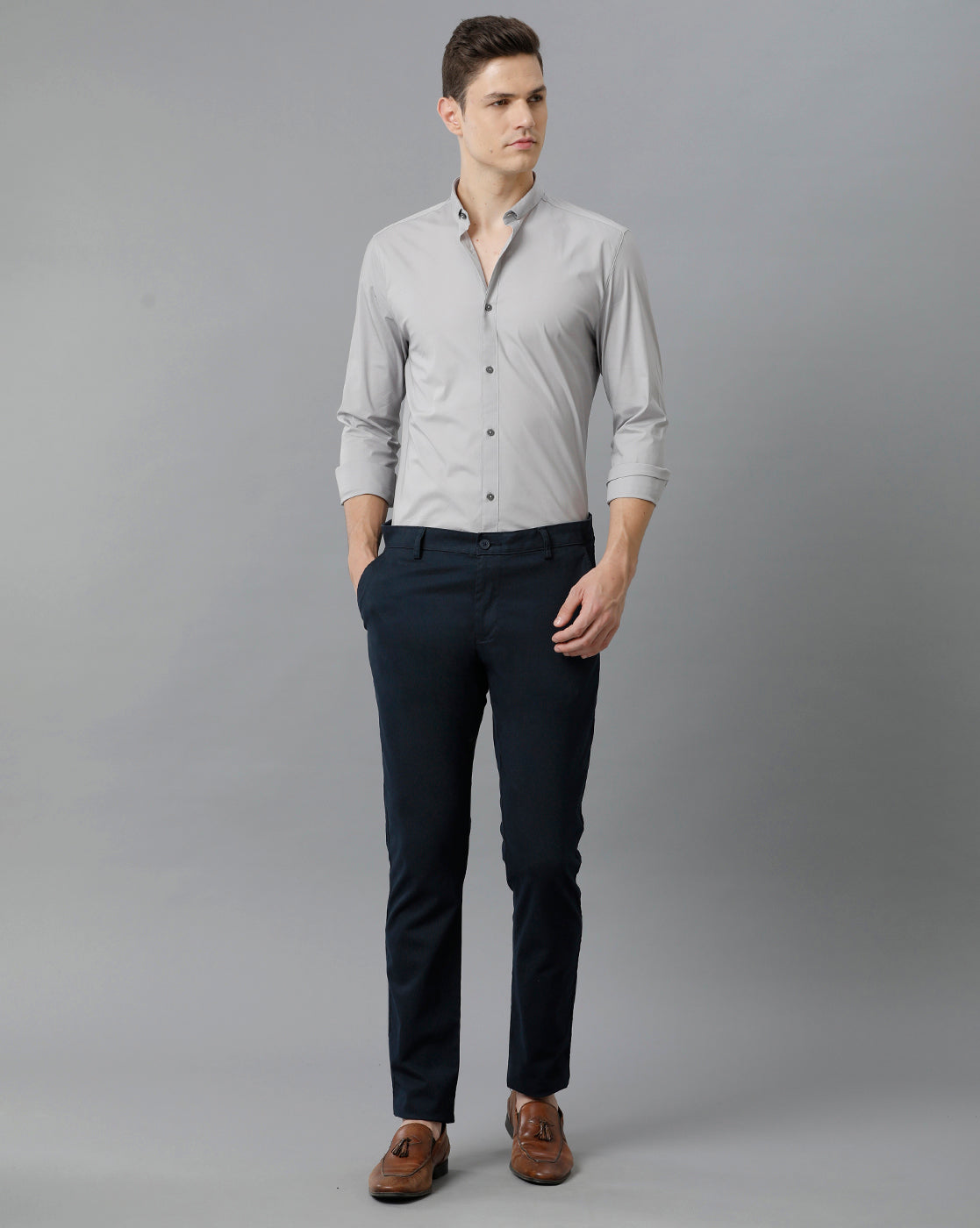 Short Collar Satin Stretch Silver Scones Solid Shirt