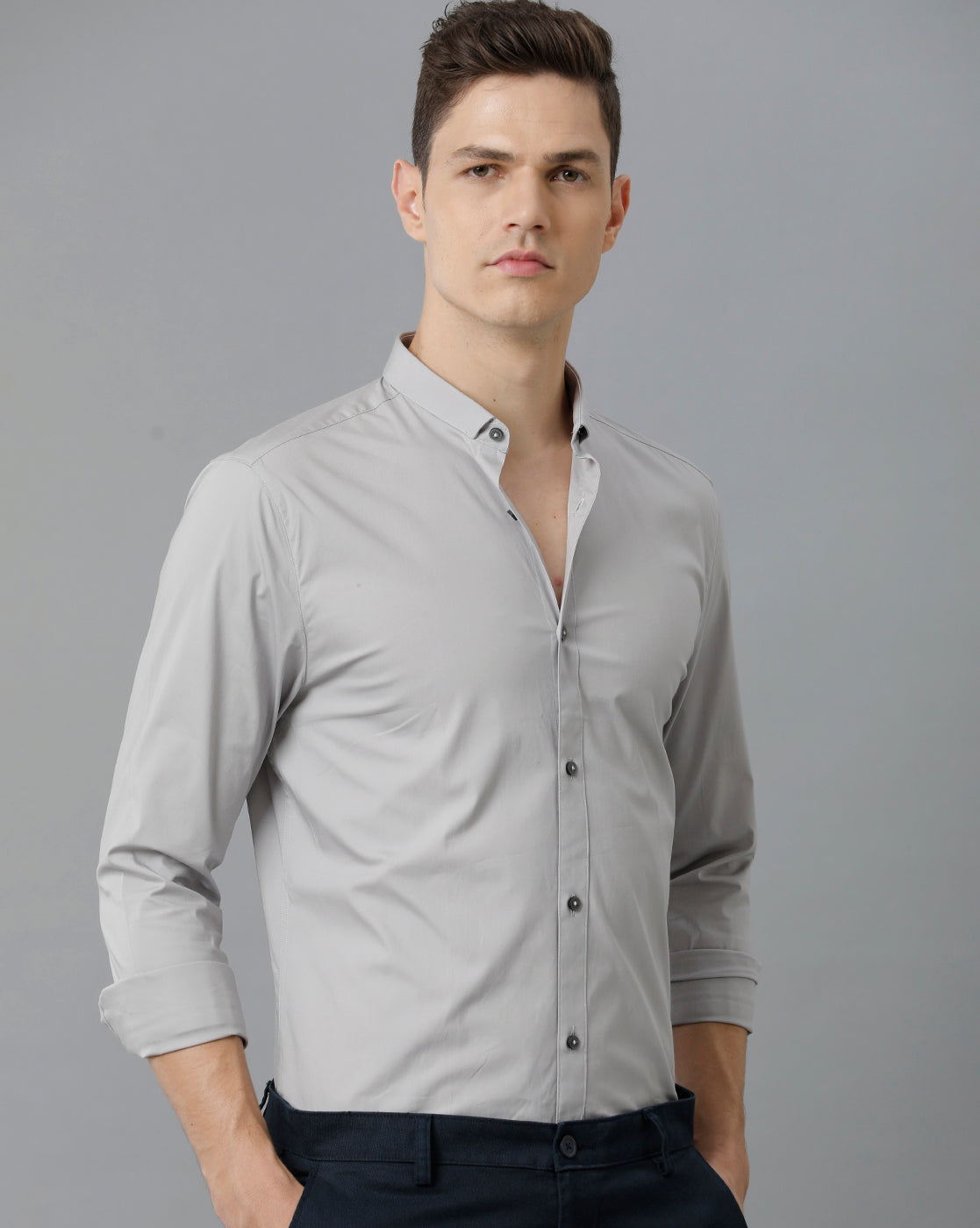 Short Collar Satin Stretch Silver Scones Solid Shirt