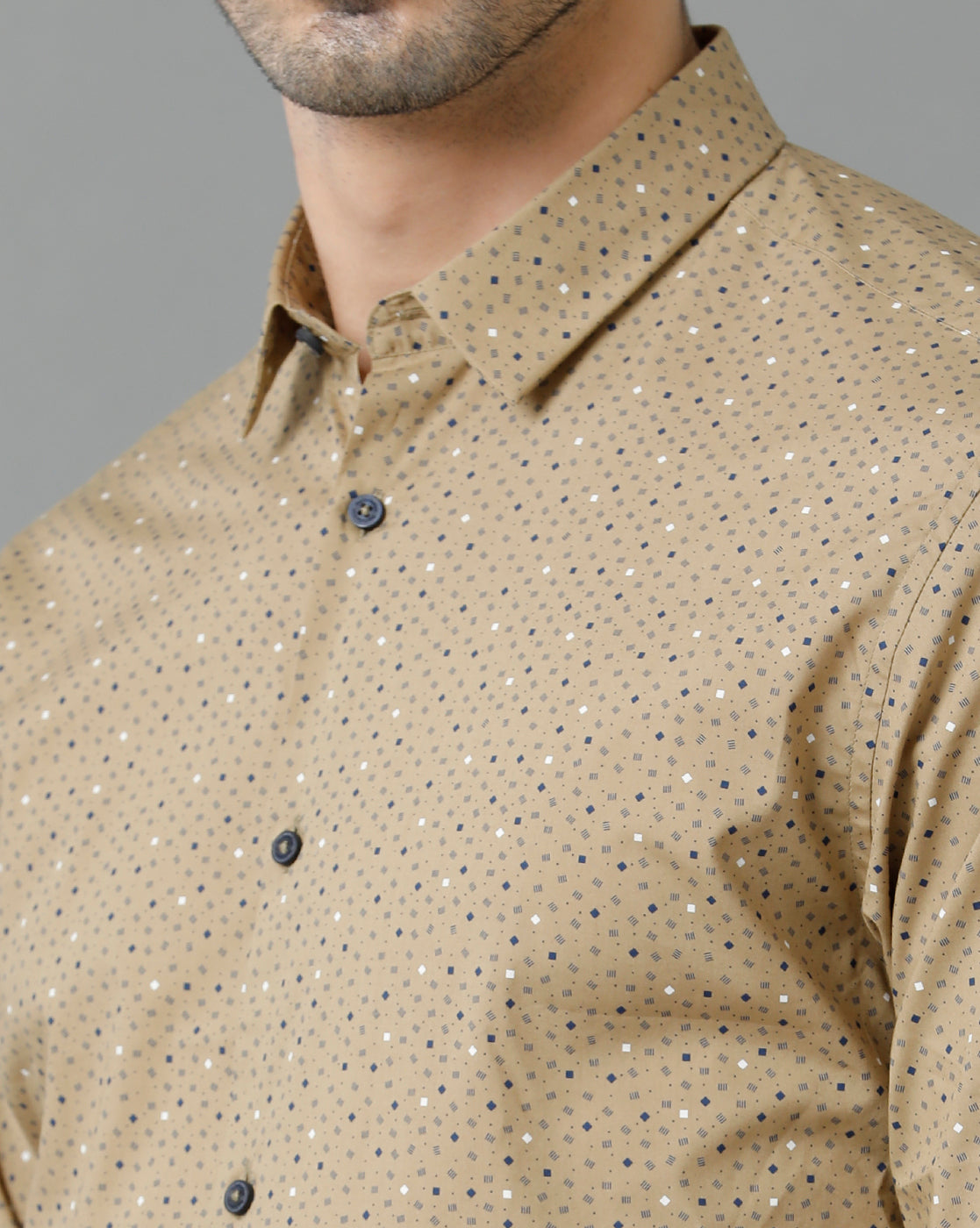 Short Collar Cotton Micro Printed Khaki Shirt