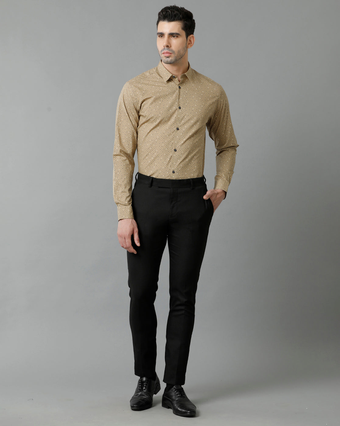 Short Collar Cotton Micro Printed Khaki Shirt