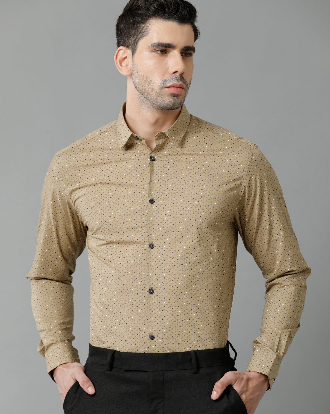 Short Collar Cotton Micro Printed Khaki Shirt