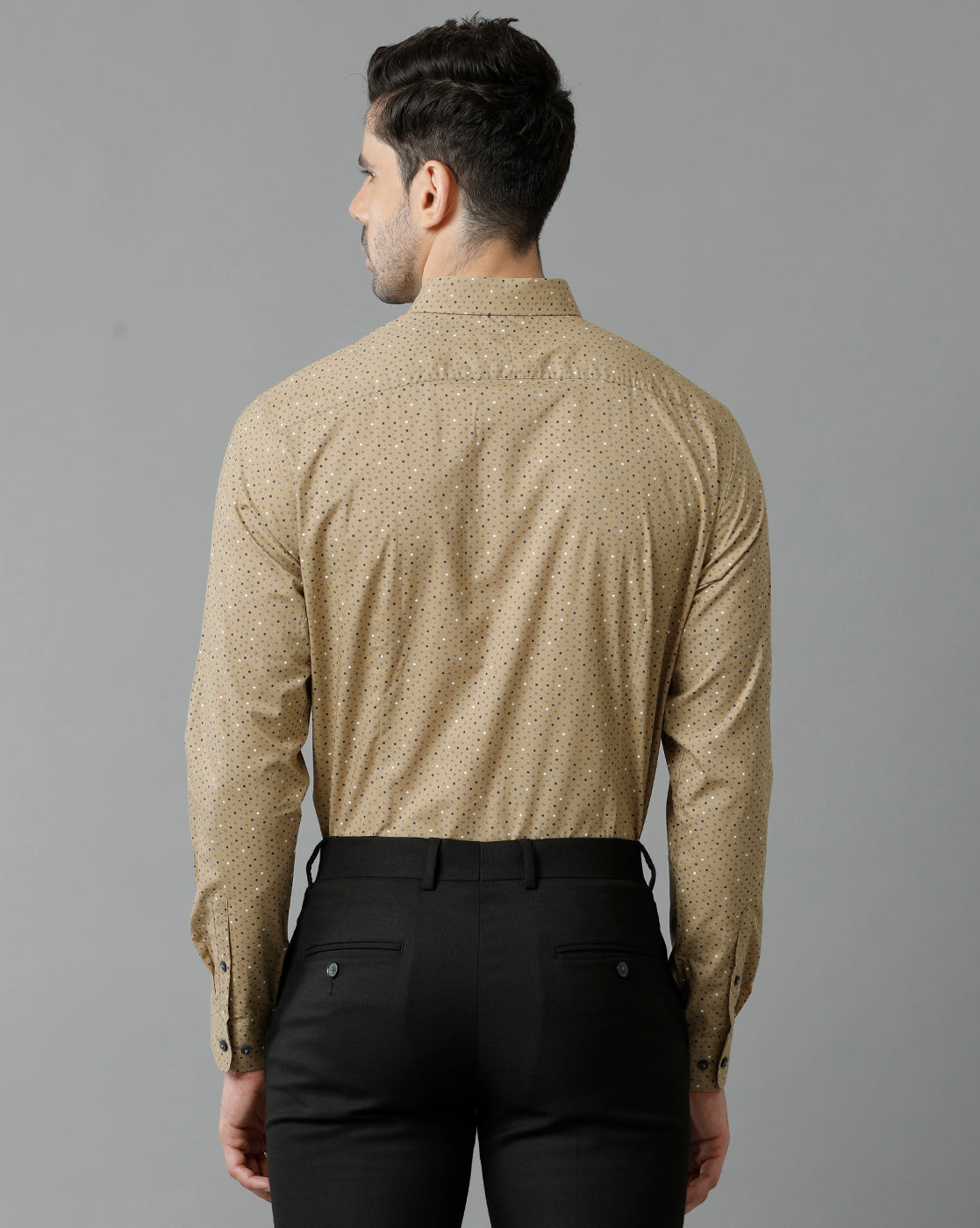 Short Collar Cotton Micro Printed Khaki Shirt