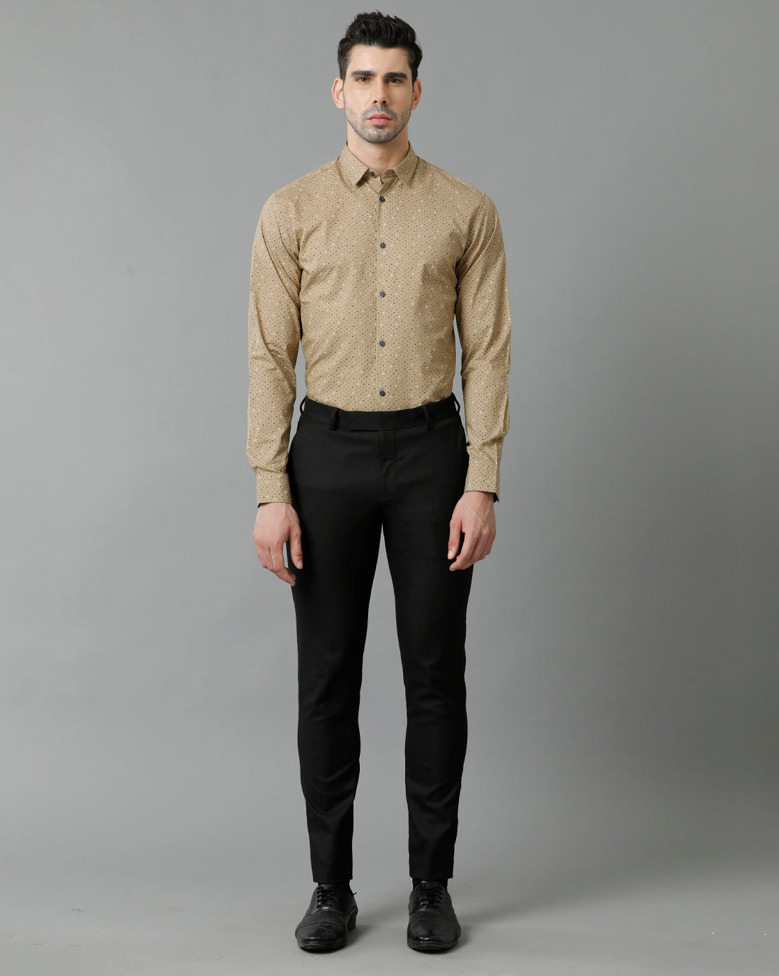 Short Collar Cotton Micro Printed Khaki Shirt