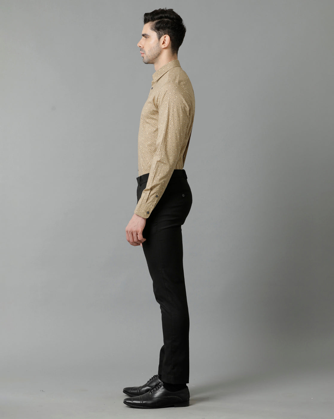 Short Collar Cotton Micro Printed Khaki Shirt