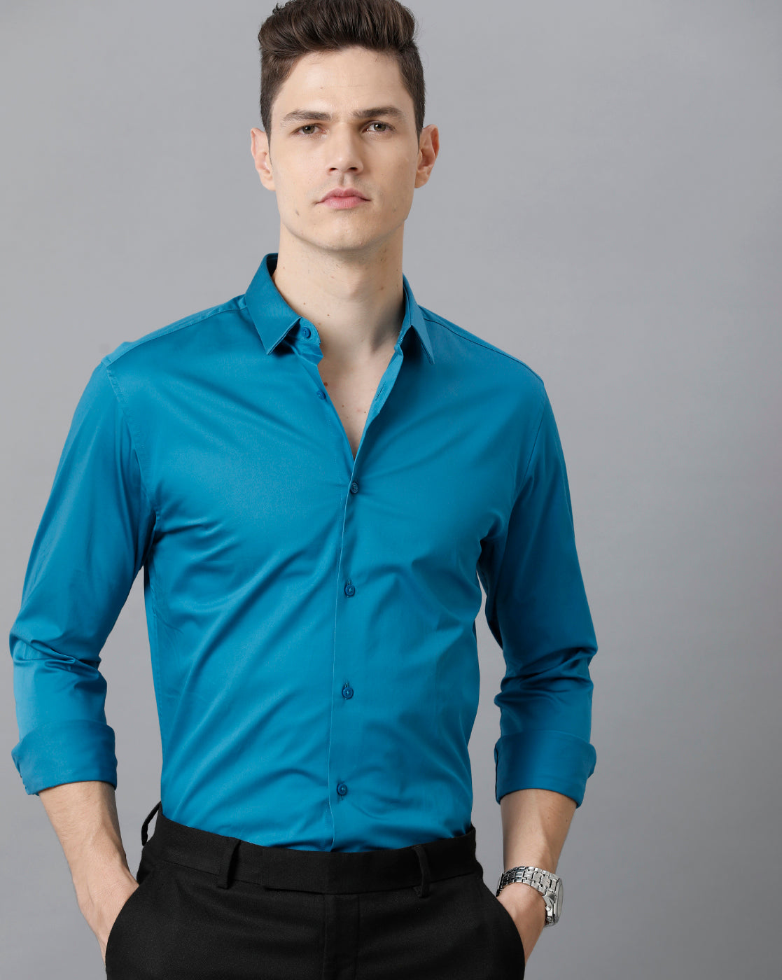 Short Collar Satin Stretch Stormy Blue Solid Shirt