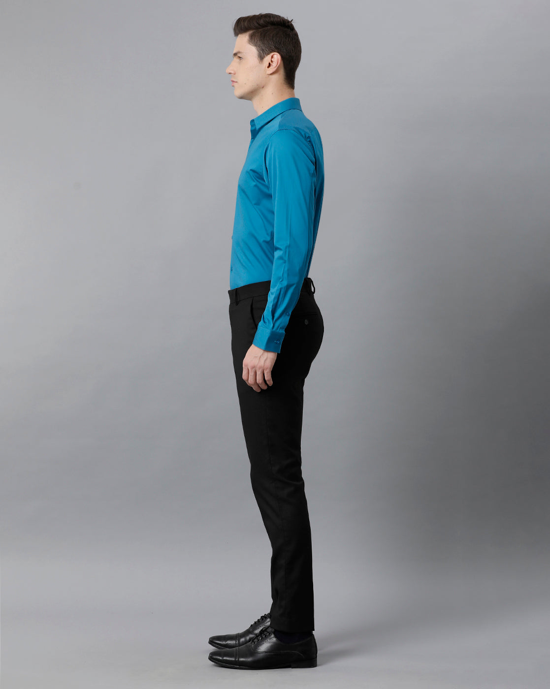 Short Collar Satin Stretch Stormy Blue Solid Shirt