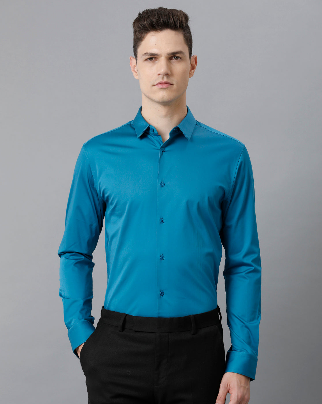 Short Collar Satin Stretch Stormy Blue Solid Shirt