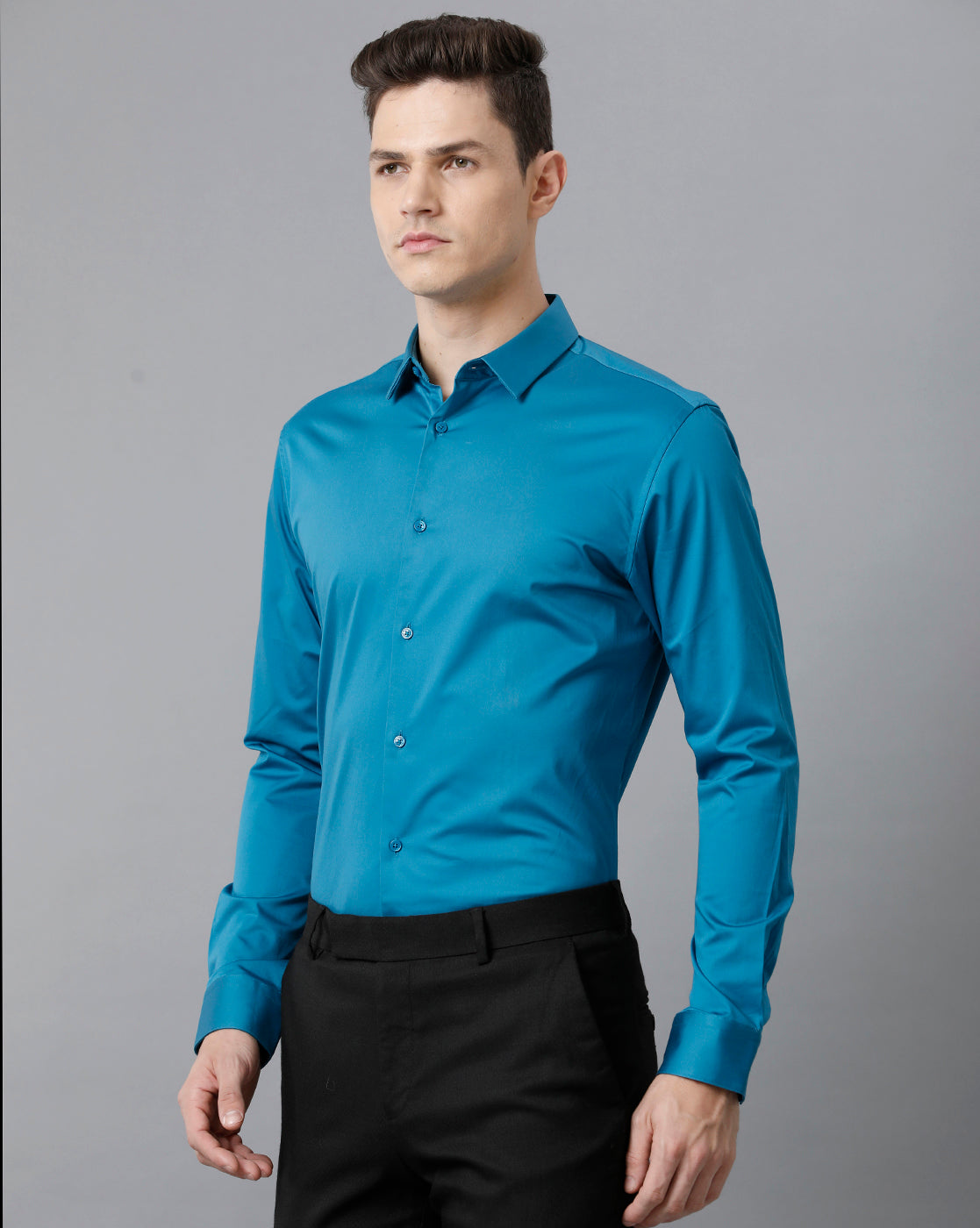 Short Collar Satin Stretch Stormy Blue Solid Shirt