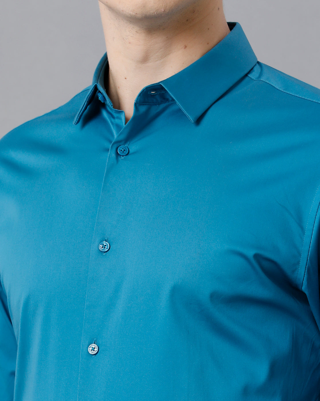 Short Collar Satin Stretch Stormy Blue Solid Shirt