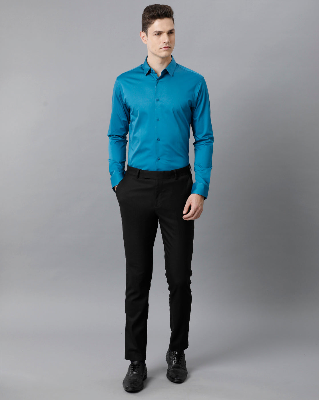 Short Collar Satin Stretch Stormy Blue Solid Shirt