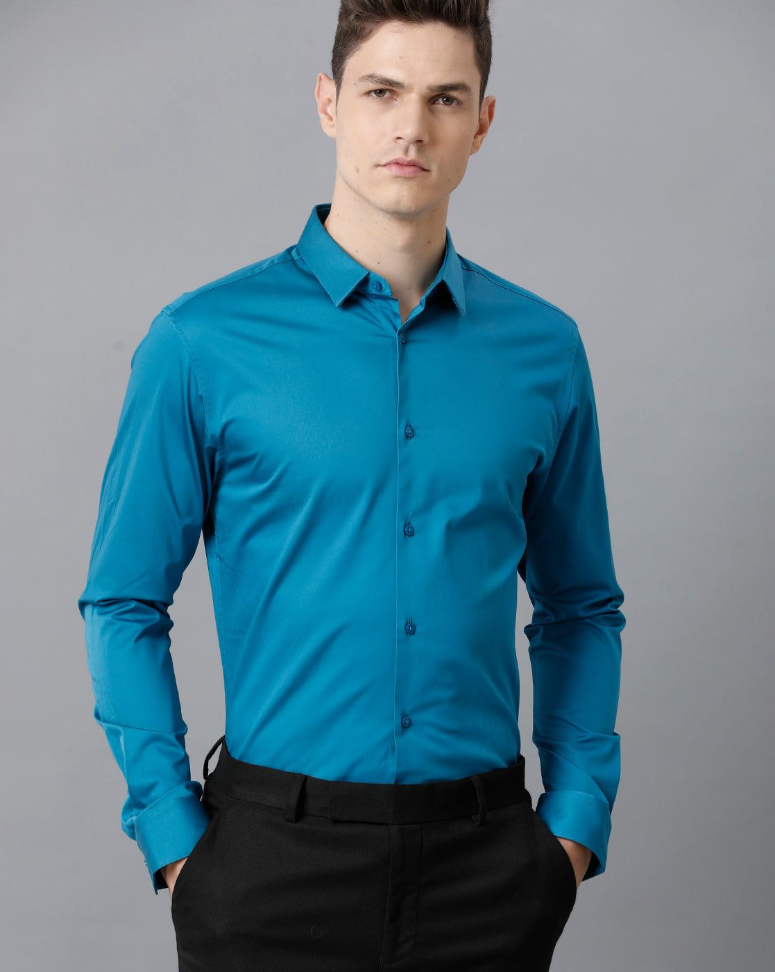 Short Collar Satin Stretch Stormy Blue Solid Shirt