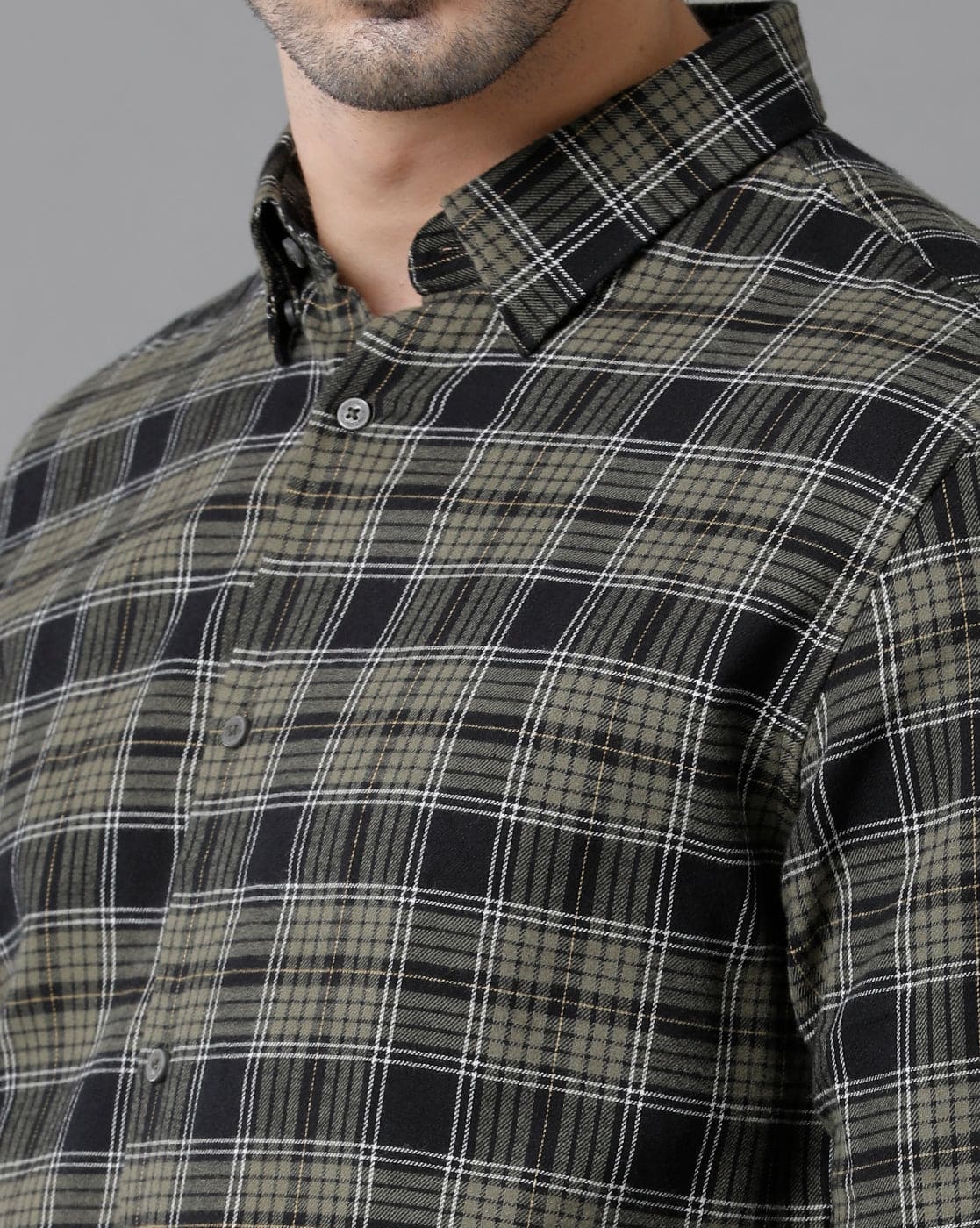 Short Collar Cotton Checkered Green Shirt