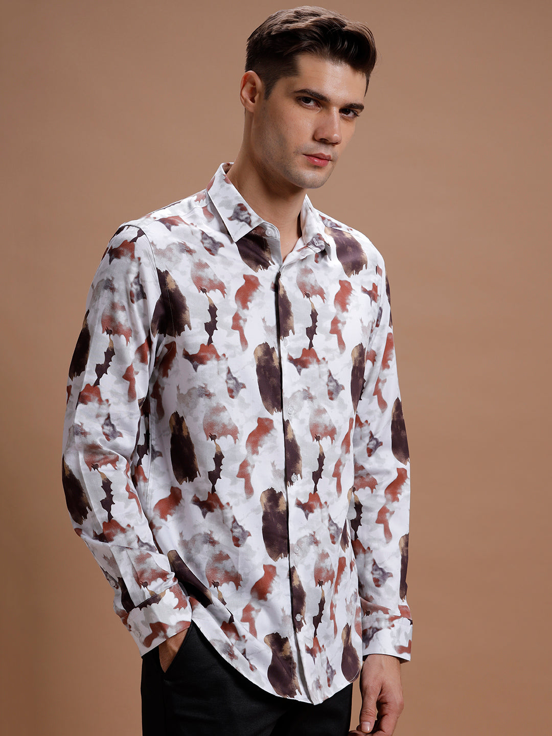 Brown White Cloud Print Pure Cotton Shirt
