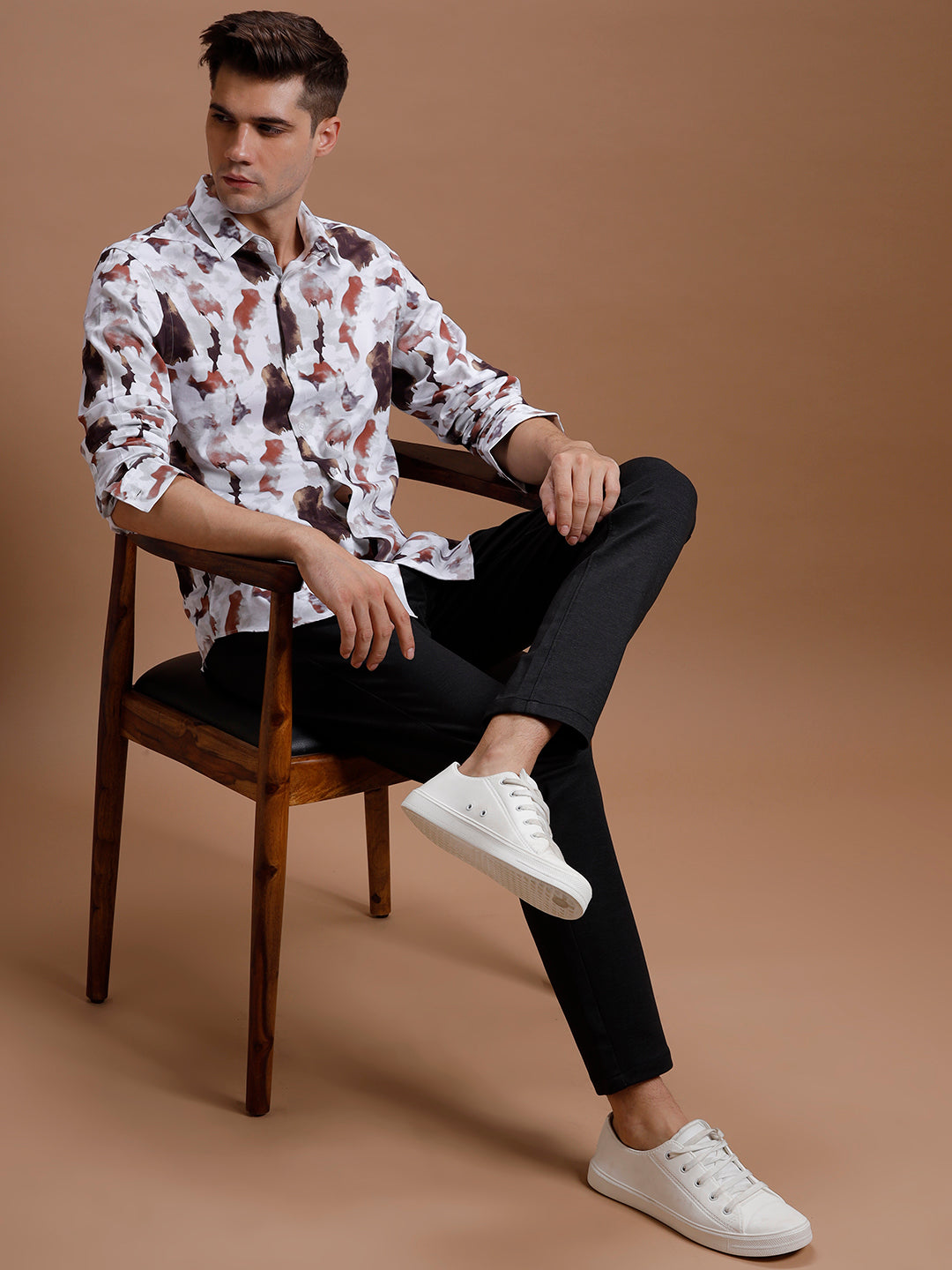 Brown White Cloud Print Pure Cotton Shirt