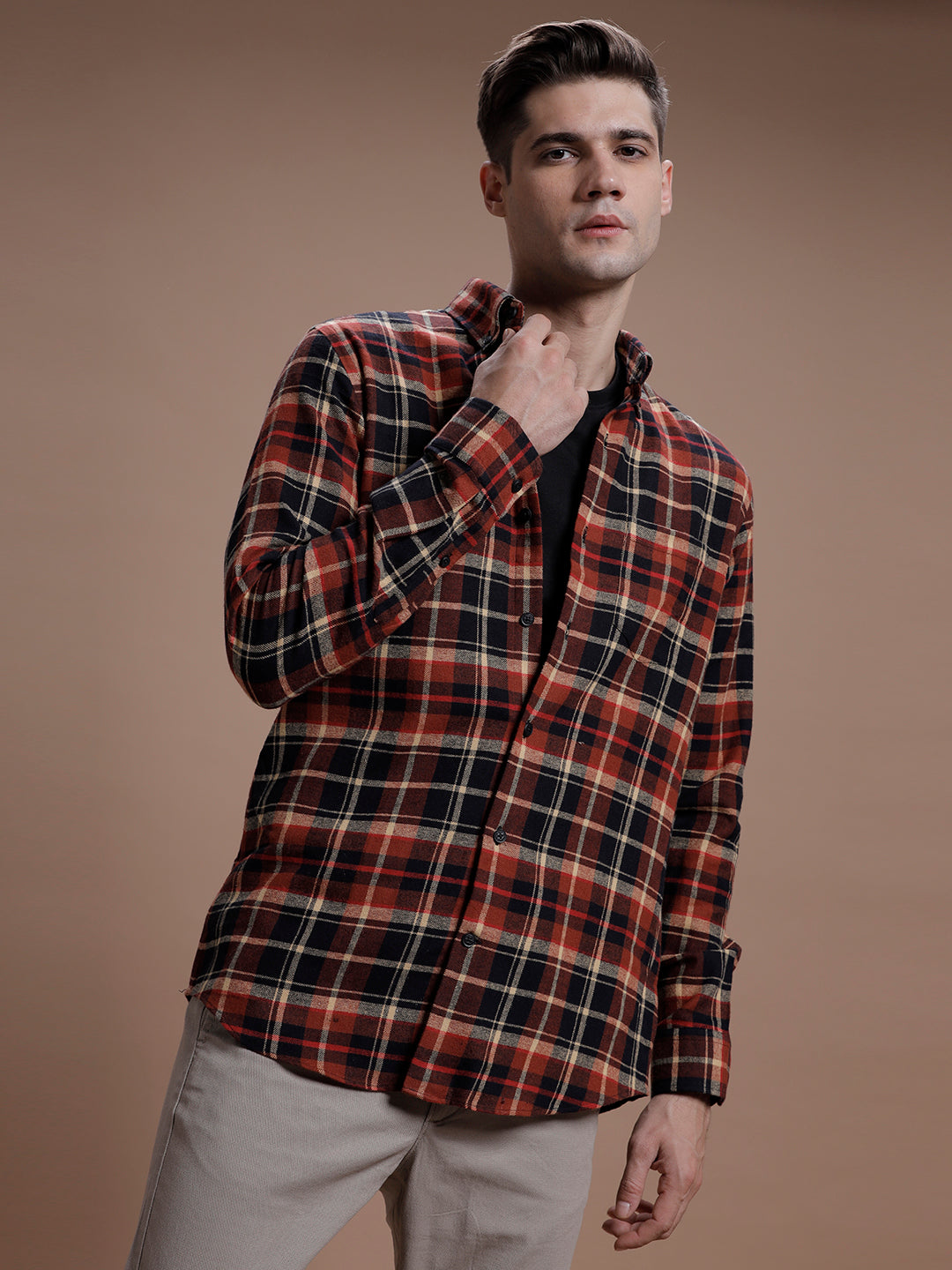 Brown:: Black Multi Checks Pure Cotton Shirt