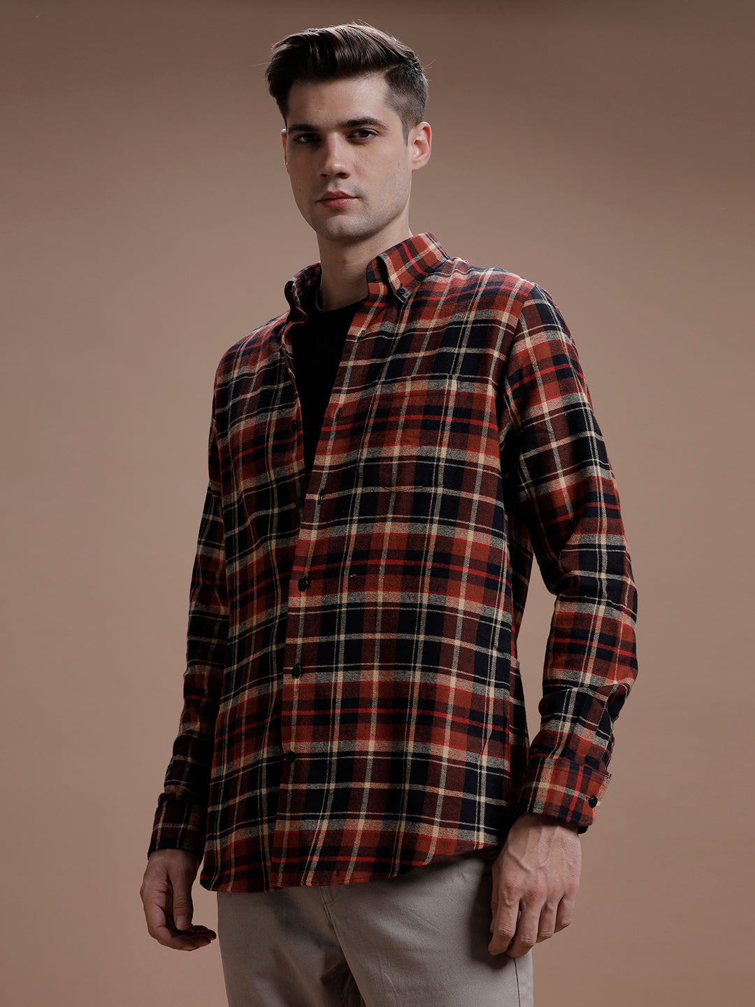Brown:: Black Multi Checks Pure Cotton Shirt