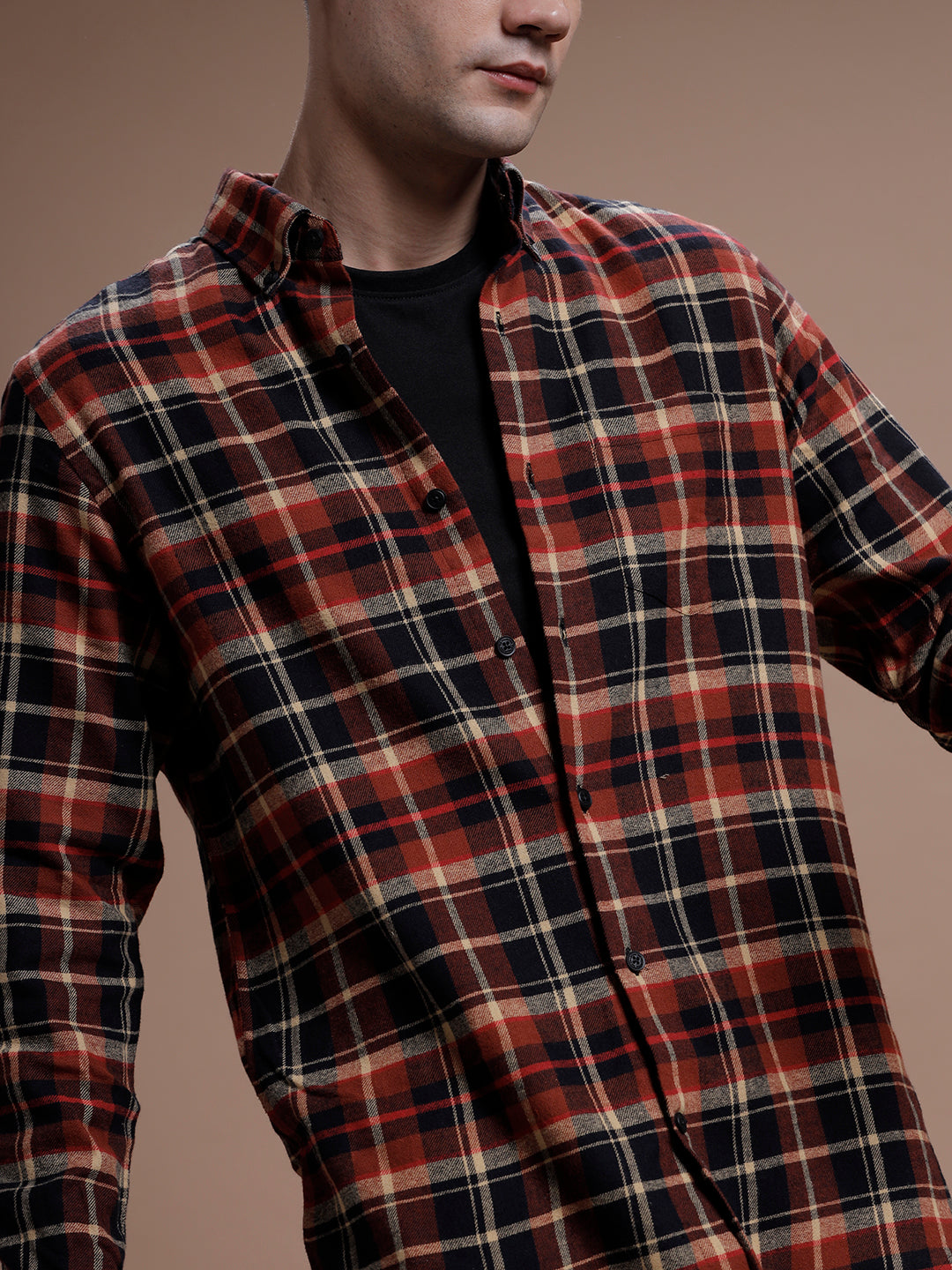 Brown:: Black Multi Checks Pure Cotton Shirt