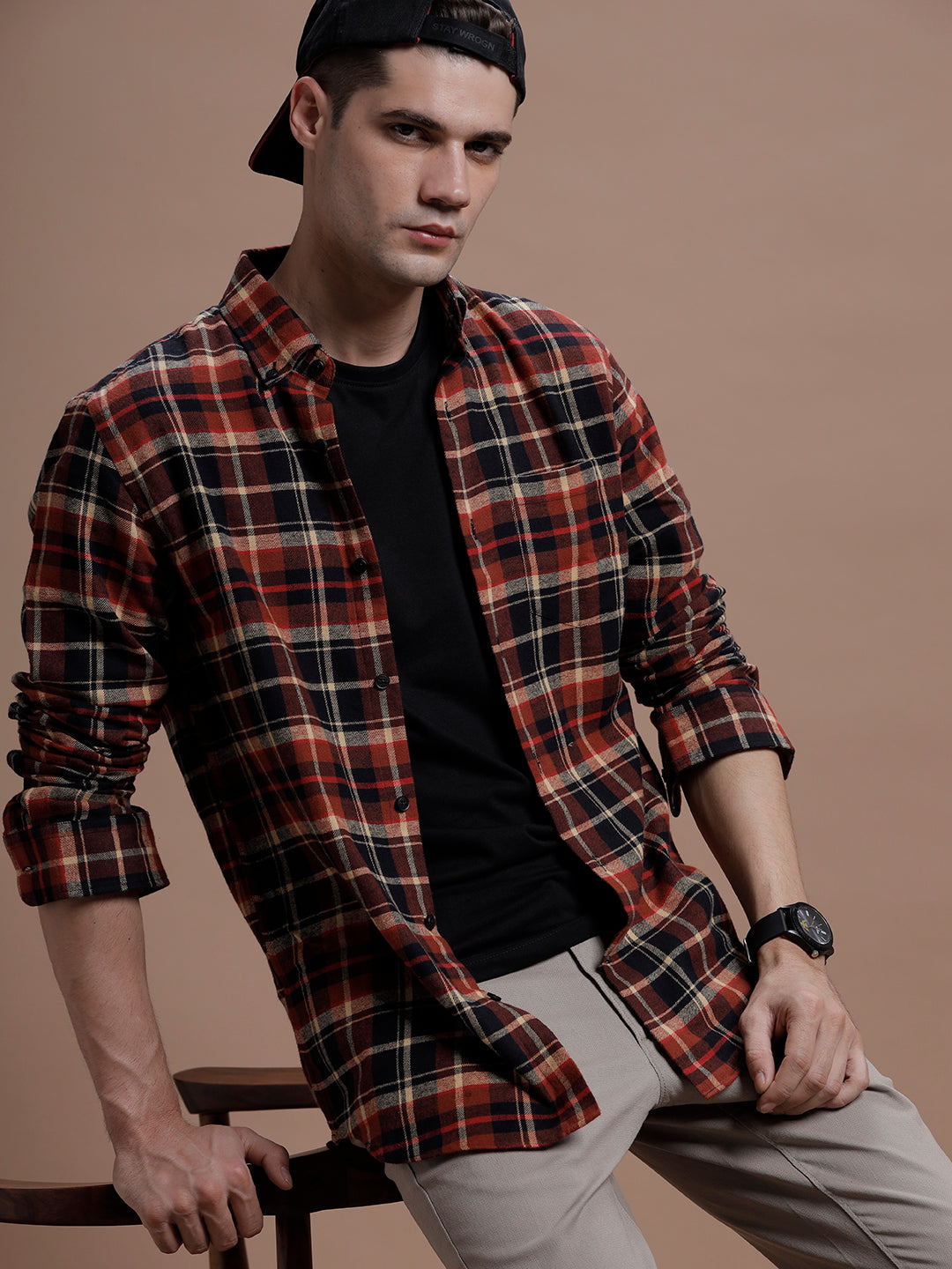 Brown:: Black Multi Checks Pure Cotton Shirt