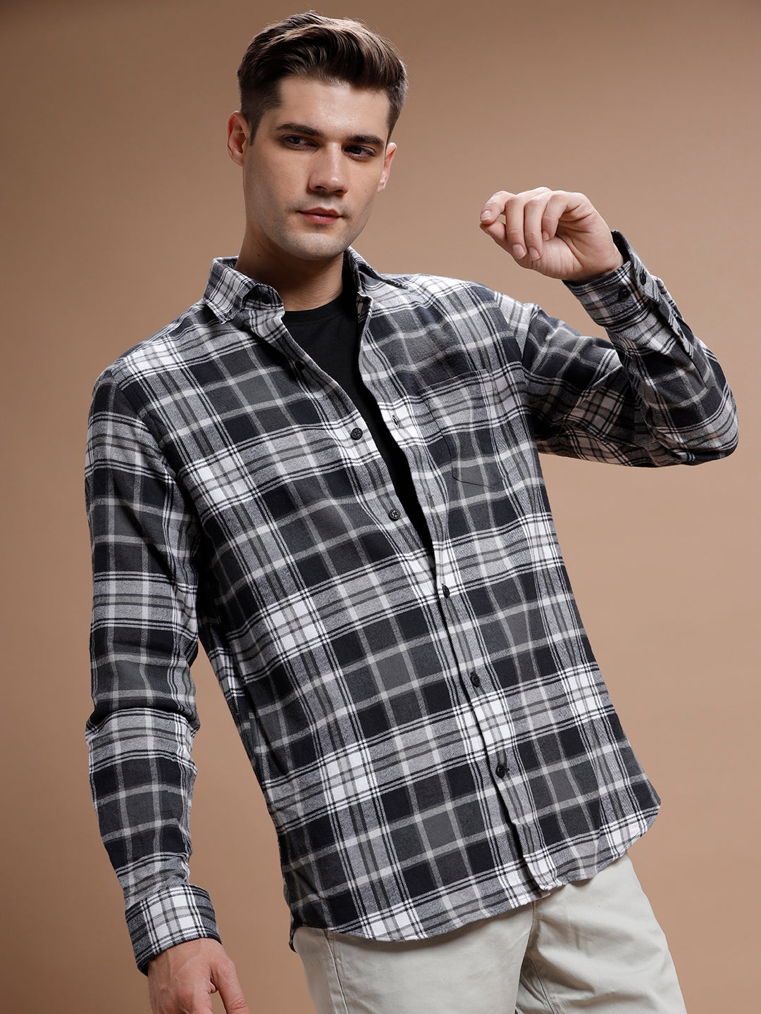 Dark Grey Checks Pure Cotton Shirt