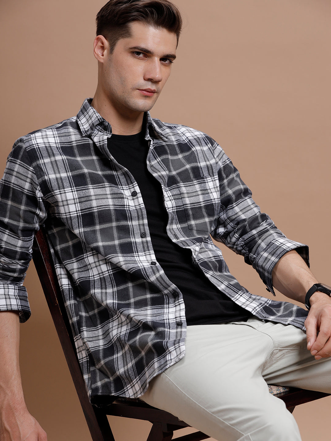 Dark Grey Checks Pure Cotton Shirt