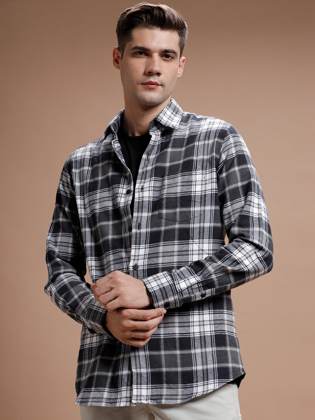 Dark Grey Checks Pure Cotton Shirt