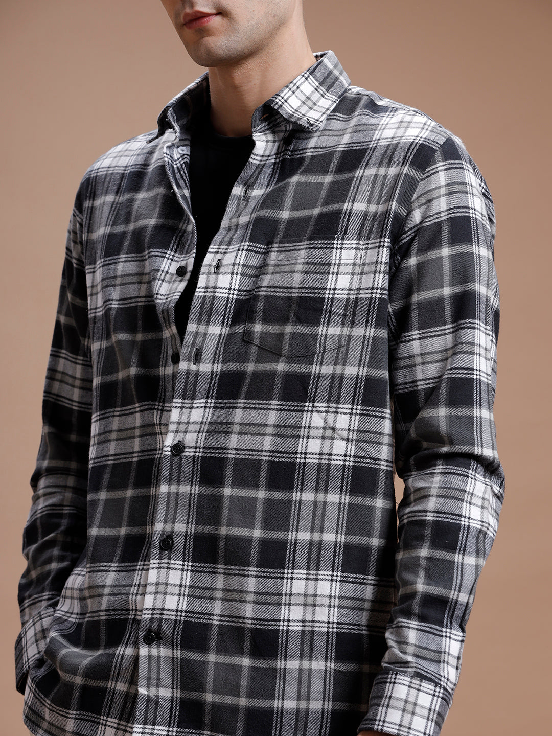 Dark Grey Checks Pure Cotton Shirt