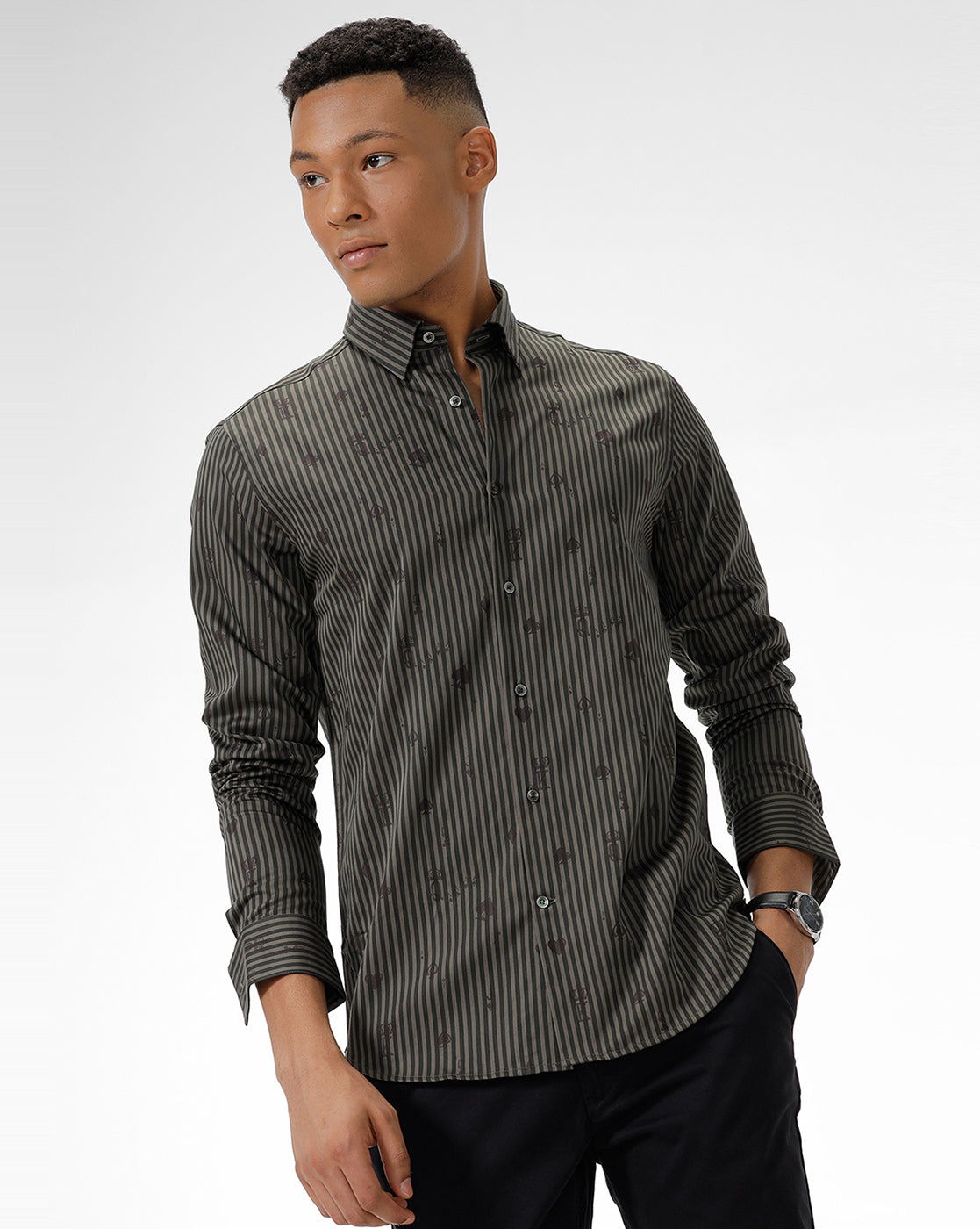 Light Brown Stripes and Subtle Printed Shirt