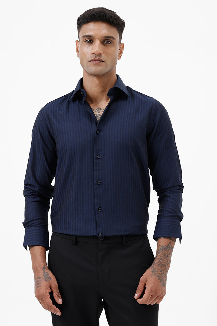 NAVY COTTON SELF STRIPE SHIRT