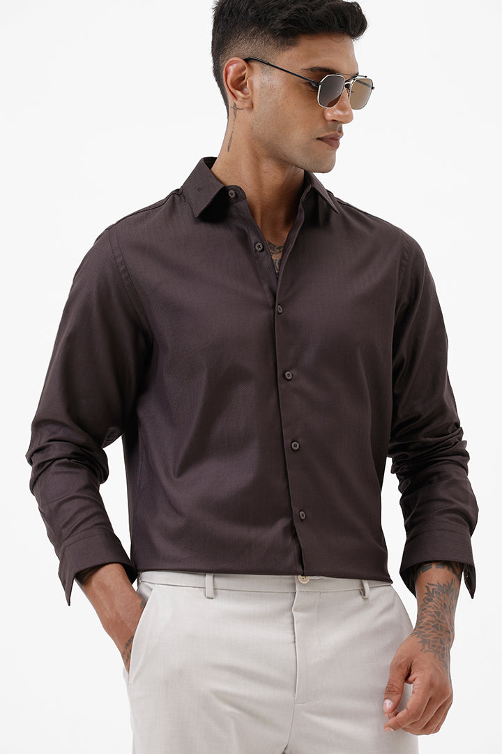 DARK BROWN HERRINGBONE COTTON SHIRT